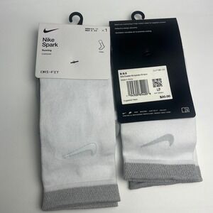 2 pair Nike Spark Running Crew Socks White Gray Cushioned Dri-FIT M 8-9.5 9.5-11
